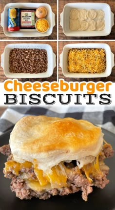 cheeseburger biscuits on a black plate with ingredients for the recipe in separate pans