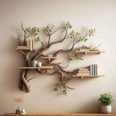 there is a tree with books on it and some plants in vases next to the shelves