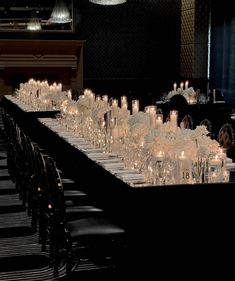 a long table with many candles on it