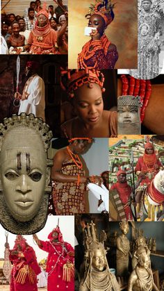 a collage of african women and men in traditional garb, headdress, and masks