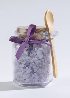 Sleek sellouts! 🤓. Order Sonoma Lavender Bath Salts in Honey Jar at $21.95 Lavender Bath Salts, Lavender Gifts, Lavender Bath, Salt Crystal, Cork Lid, Lavender Farm, Bath Salt, Honey Jar, Wooden Spoon