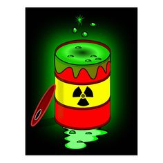 a green and yellow can with a radioactive symbol on it's side next to a red barrel