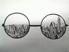 a pair of glasses with cityscape drawn on the side and buildings reflected in them