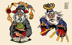 two old - school style characters, one with a book and the other with a wizard's hat