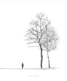 a person standing in front of a tree with no leaves on it, looking at the ground