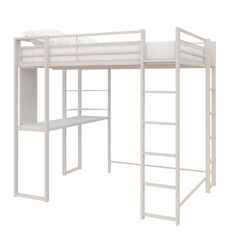 a white loft bed with a desk underneath it and ladders to the top bunk