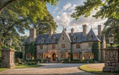 a large stone house surrounded by trees and bushes with an entrance way leading to it