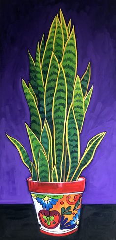 a painting of a potted plant against a purple background with an orange and blue flower