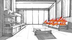 a drawing of a living room filled with furniture and fire burning in the fireplaces