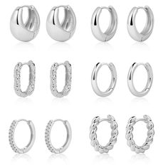 PRICES MAY VARY. 【Chunky Silver Earrings Material】:Silver hoop earrings are made of brass, lead and nickel free, hypoallergenic.It’s a great choice for sensitive ears people.And our high quality polishing techniques can last long-lasting color retention.Don't worry about fading colors.The small silver hoop earrings for women is easy to wear and will give you a comfortable experience. 【Silver Earrings Set】:You will get 6 pairs of silver hypoallergenic huggie hoop earrings in different designs, in Rope Circle, Earrings Pack, Small Silver Hoop Earrings, Earrings Outfit, Earrings Circle, White Gold Hoops, Chunky Hoop Earrings, Chunky Earrings, Open Hoop Earrings