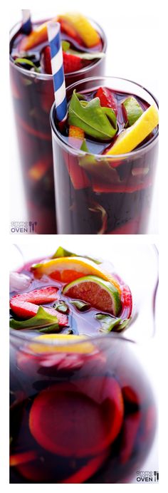 two pictures of different drinks with fruits and vegetables in them