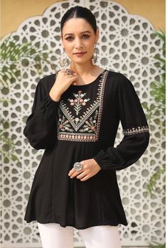 * Floral Embroidered Puff Sleeves Tunic Embroidered Short Kurti / Indian Tunic / Summer-Spring Evening Dress / Cotton Tunic Tops * Black and white embroidered tunic, has a round neck, long sleeves, embroidered detail. button closure *Fabric:-  Rayon *Wash Care:- MACHINE WASH AVAILABLE IN 6 SIZES THEY ARE IN FOLLOWING MEASUREMENTS IN INCHES:- XS:- Bust-34/Waist In-30/Length-30 S:- Bust-36/Waist In-32/Length-30 M:- Bust-38/Waist In-34/Length-30 L:- Bust-40/Waist In-36/Length-30 XL:- Bust-42/Waist Tunic Kurti, Kurti Top, Design Kurta, Kurtis For Women, Cotton Tunic Tops, Indian Tunic, Short Kurta, Short Kurti, Trendy Fashion Tops