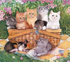 a group of cats sitting on top of a basket in front of flowers and grass