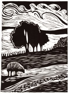 a black and white drawing of two trees in a field with storm clouds above it