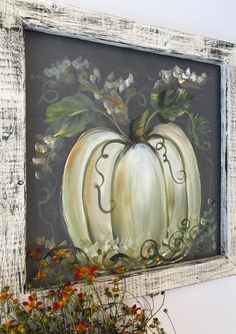 a painting of two white pumpkins with vines and flowers