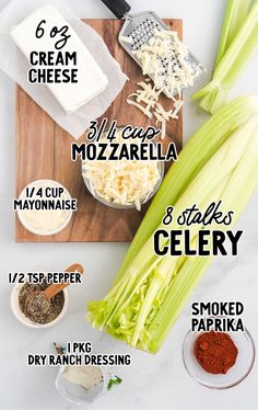 the ingredients to make celery on a cutting board