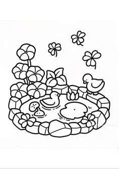 a coloring page with flowers and birds in the water