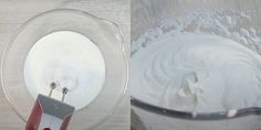 a mixing bowl filled with whipped cream next to a mixer