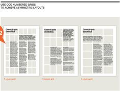 three pages with text and an orange speech bubble above them that says, use odd numbered grids to achieve asymmic layouts