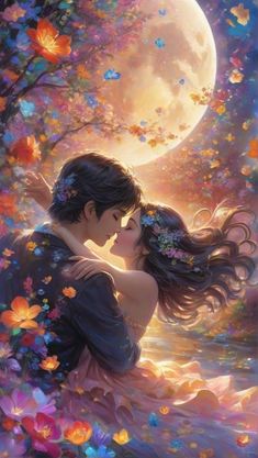 a couple kissing in the moonlight under a full moon, with flowers all around them