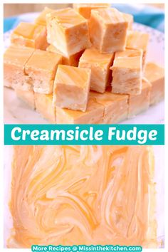 some pieces of fudge on a plate with the words creamsice fudge