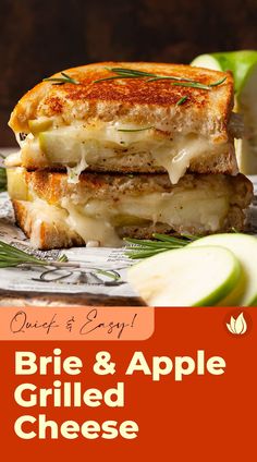 grilled cheese sandwich with apple slices on the side and text overlay reading brie & apple grilled cheese