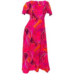 Make a fun statement in this rare 60s KAMEHAMEHA original Hawaiian short sleeve maxi dress caftan! Soft cotton blend fabric, with a incredible paisley prints. Vibrant colors of hot pink, orange, fuchsia, purple, and burgundy throughout. POCKETS at each side of the hip. Dramatic train on the back (same length as the dress). Asian inspired bow at keyhole neck. Simply slips over the head. Perfect as a maxi dress, yet great as a kaftan over a swimsuit. In great condition. Made in Hawaii Approximately Size Medium / Large Measurements: 38-40 inch bust 34 inch waist Up to 50 inch hips 54.5 inches from top back shoulder seam to hem 1960's Fashion, Short Sleeve Maxi Dress, Hawaiian Outfit, Maxi Gown Dress, Short Sleeve Maxi Dresses, Hawaiian Dress, Vintage Maxi Dress, 1960s Fashion, Maxi Dress With Sleeves