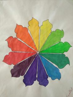 a drawing of a colorful leaf on white paper with the colors red, yellow, green, blue, and purple