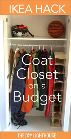 an open closet with coats and shoes hanging on the rack, text reads no coat closet hack