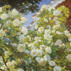 an oil painting of white flowers and trees