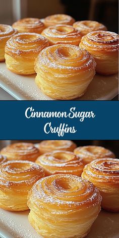 cinnamon sugar cruffles on a plate with the words cinnamon sugar crumbs