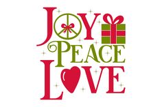 the words joy, peace and love with presents