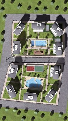 an aerial view of two houses with swimming pools