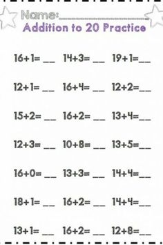 addition to 20 practice worksheet with numbers and stars on the back ground,