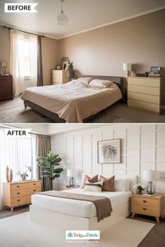 before and after pictures of a bedroom makeover with white walls, beige bedding and brown furniture