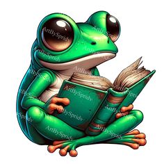 a green frog sitting on the ground reading a book with big eyes and an open book in its paws