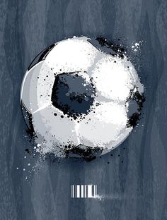 a white soccer ball with black spots on it is in front of a blue background