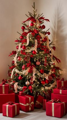 a christmas tree with presents under it and red bows on the top is surrounded by other gifts