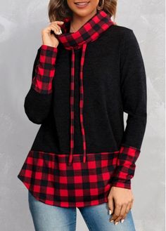 Color:Black;Size:S;Size:M;Size:L;Size:XL;Size:XXL;Package Contents:1 X Sweatshirt;Occasion:Work;Style:Bohemian; Black Tartan, Stylish Tops For Women, Good Memories, Trendy Fashion Tops, Cute Boutiques, Pocket Hoodie, Boutique Tops, Red Hoodie, Print Sweatshirt