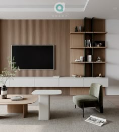 a living room with modern furniture and a flat screen tv mounted on the wall above it