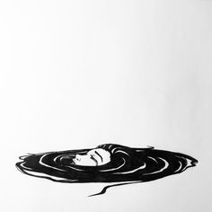 a black and white drawing of a woman's head with her hair in the water