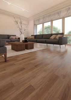 a living room with wood flooring and large windows overlooking the trees in the distance