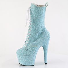 7" High Heel, 2 3/4" Platform Lace Up Glitter Ankle Boots. Inner Side Zipper Closure. Baby Blue. Styles: Dance Clubbing Festival Roda-1040gr Glitter Ankle Boots, High Heel Ankle Boots, Glitter Boots, Lace Up High Heels, Bling Shoes, Heel Ankle Boots, High Heel Boots Ankle, Taylor Swift Style, Heeled Ankle Boots