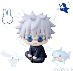 an anime figurine with blue eyes and white hair sitting on the ground next to other