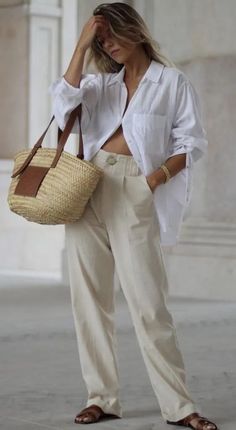 Coastal Chic Outfit, White Linen Shirt Outfit, Straw Bag Outfit, Flowy Linen Pants, Old Money Coastal, Hm Outfits, Linen Shirt Outfit, Beige Linen Pants, Striped Sweater Outfit