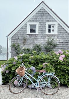 a blue bicycle parked in front of a house next to some bushes and purple flowers