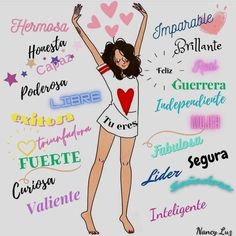 a drawing of a woman with her arms in the air, surrounded by many words