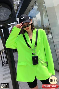 Fluorescent Green Oversized Two-Button Blazer Breathable and comfortable design. High-quality fabric: Polyester. Clothing details: Fluorescent, Oversized Knee High Combat Boots, Harajuku Outfits