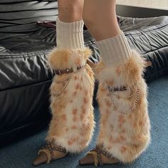 Leopard Faux Fur Punk Women Plush Fur Leg Warmers Chain Pu Belt Harajuku Winter Warm Thickened Harajuku Winter, Faux Fur Leg Warmers, Fur Leg Warmers, Leggings Boots, Punk Women, Festival Chic, Yellow Belt, Fluffy Socks, Leopard Print Pattern