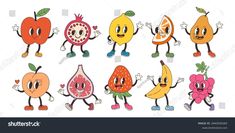 cartoon fruits and vegetables with different expressions on a white background, set of eight images